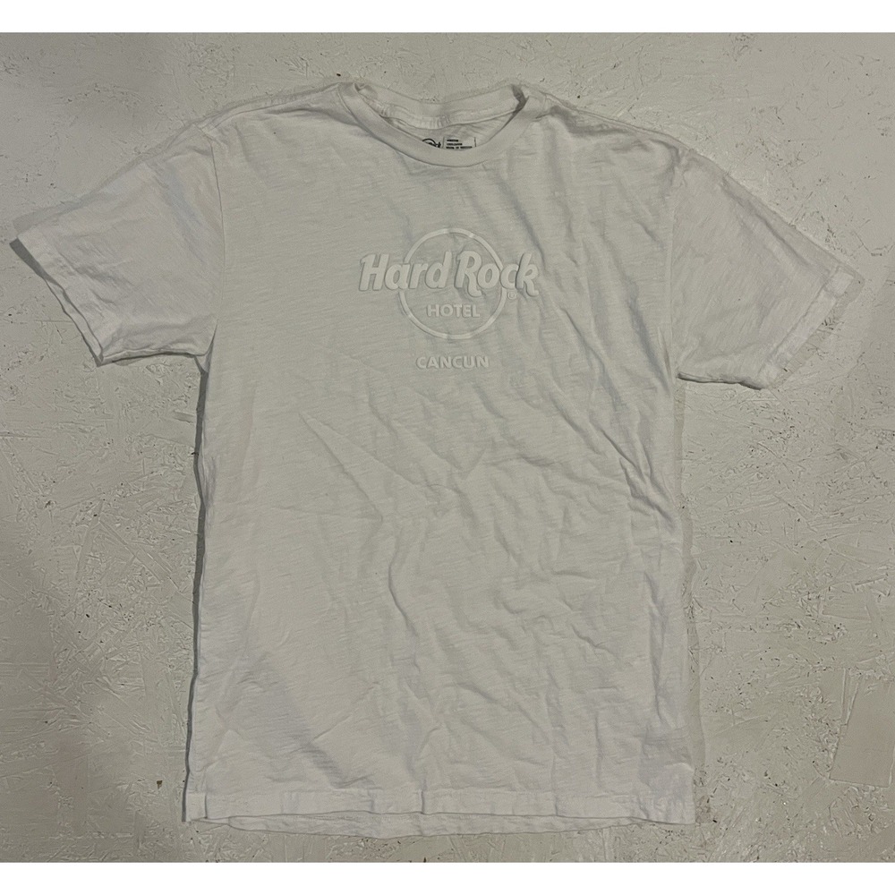 Hard Rock Cafe Cancun Mexico Shirt Mens Medium White‎ Puff Paint Short Sleeve
